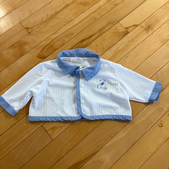 Vintage Baby Boy Cardigan Sweater 6 Months Cottagecore white blue gingham teddy - Picture 4 of 8